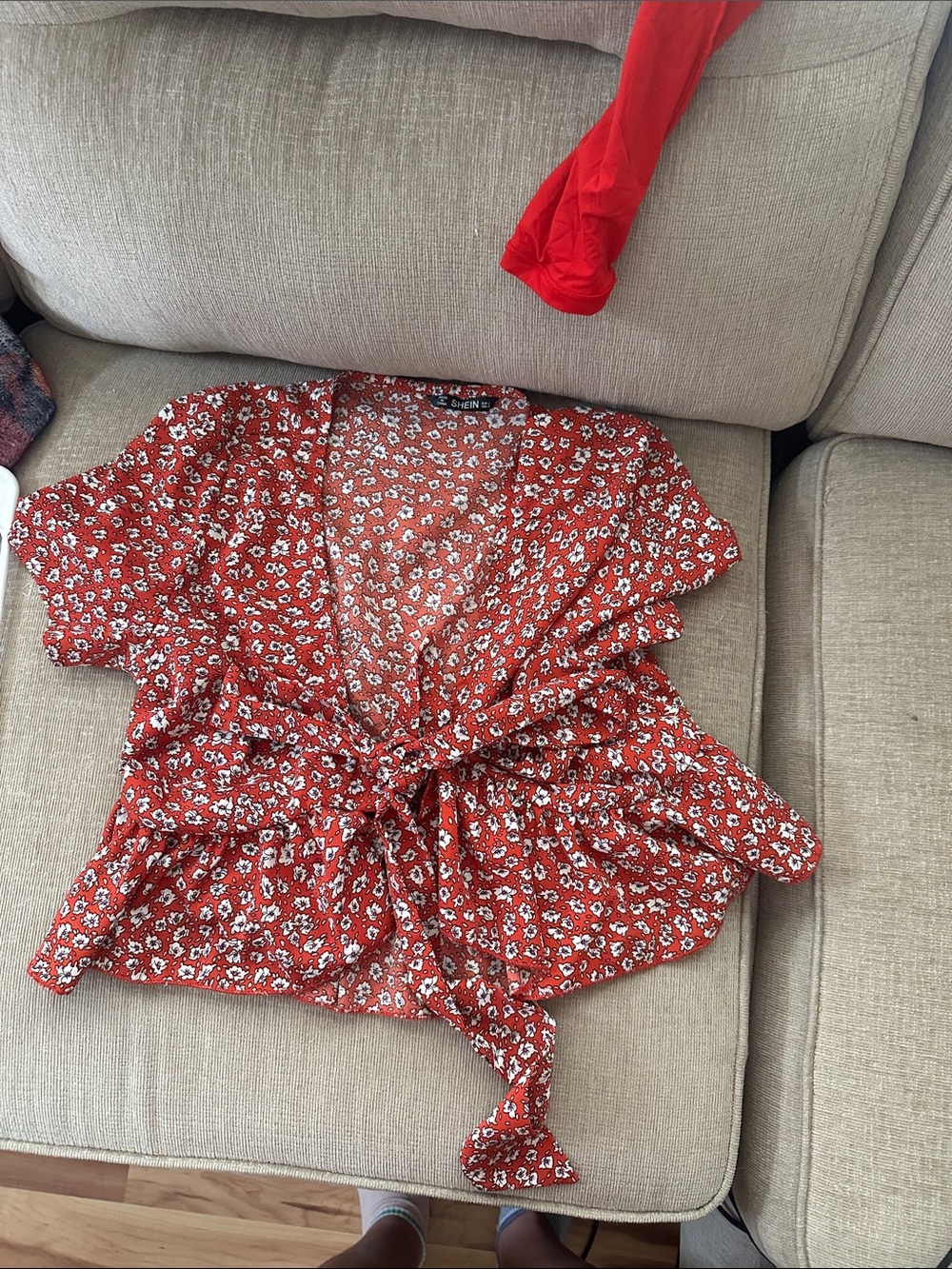 Red Floral Tie-Front Women's Top